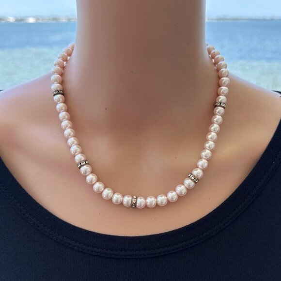 Pink Faux Pearl Necklace Rhinestone Spacers Toggle Closure 18 Inch Length - Picture 1 of 2